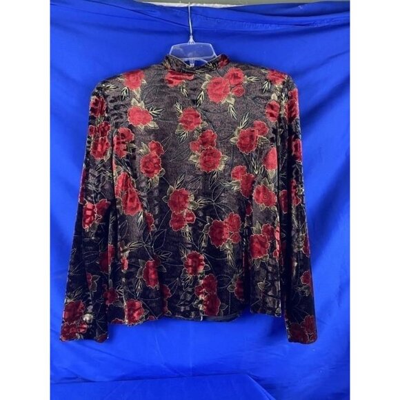 R&K Evening Red & Black Rose Floral Lightweight Button Up Jacket size 10 Petite - Picture 2 of 4